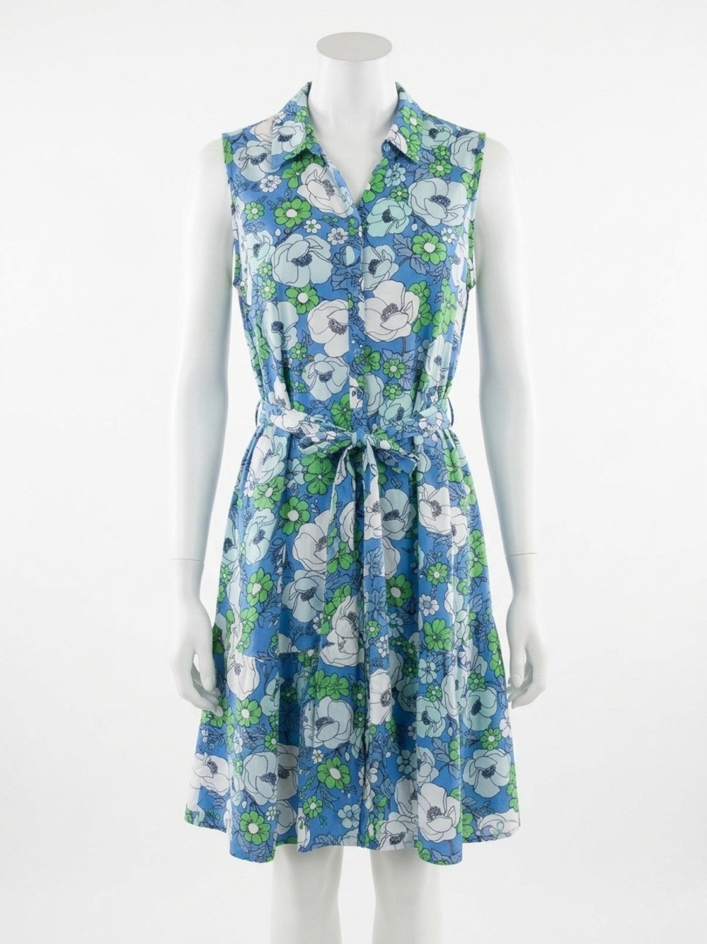 Croft & Barrow Blue Floral Sleeveless Tiered Shirt Sun Dress with Tie Medium